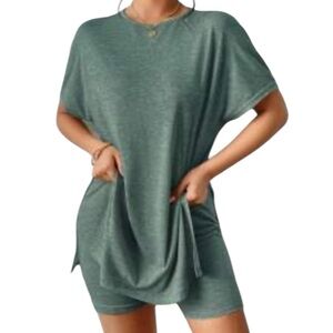 Shein Matching Set Comfy Short Sleeve Relaxed Fit Tee & Biker Shorts Green